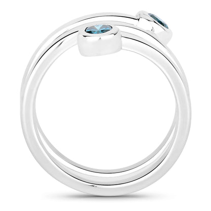 0.35 Cttw Round Teal Blue Diamond Bezel Rhodium Plated Silver Spiral Wrap Ring
