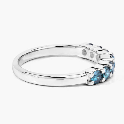 0.76 Cttw Round Teal Blue Diamond Rhodium Plated 925 Silver Five Stone Band Ring