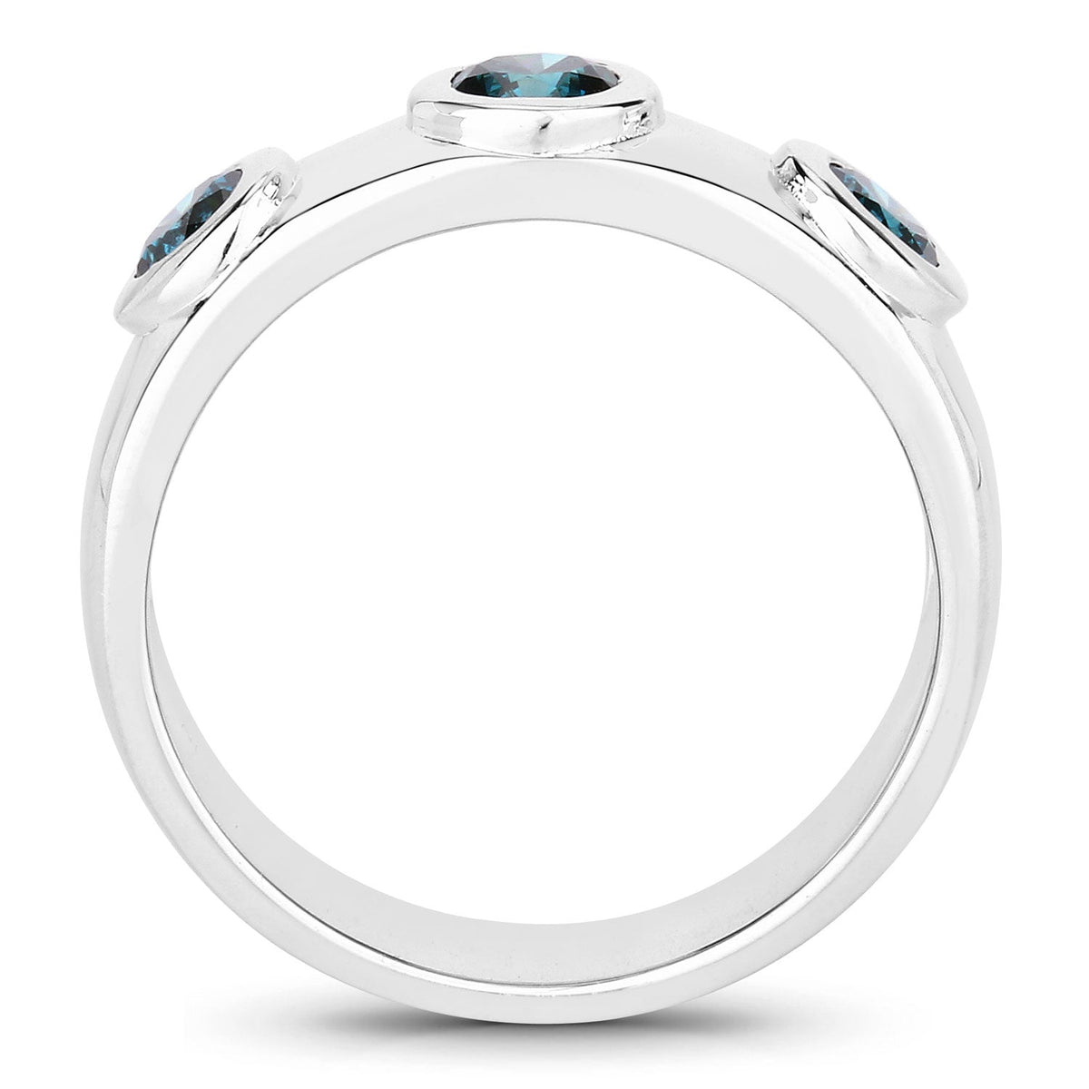 0.75 Cttw Round Teal Blue Diamond Bezel Rhodium Plated Silver Three Stone Band Ring
