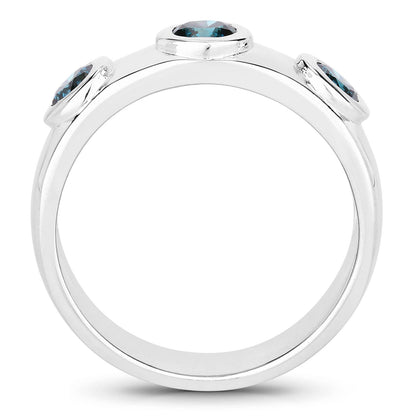 0.75 Cttw Round Teal Blue Diamond Bezel Rhodium Plated Silver Three Stone Band Ring