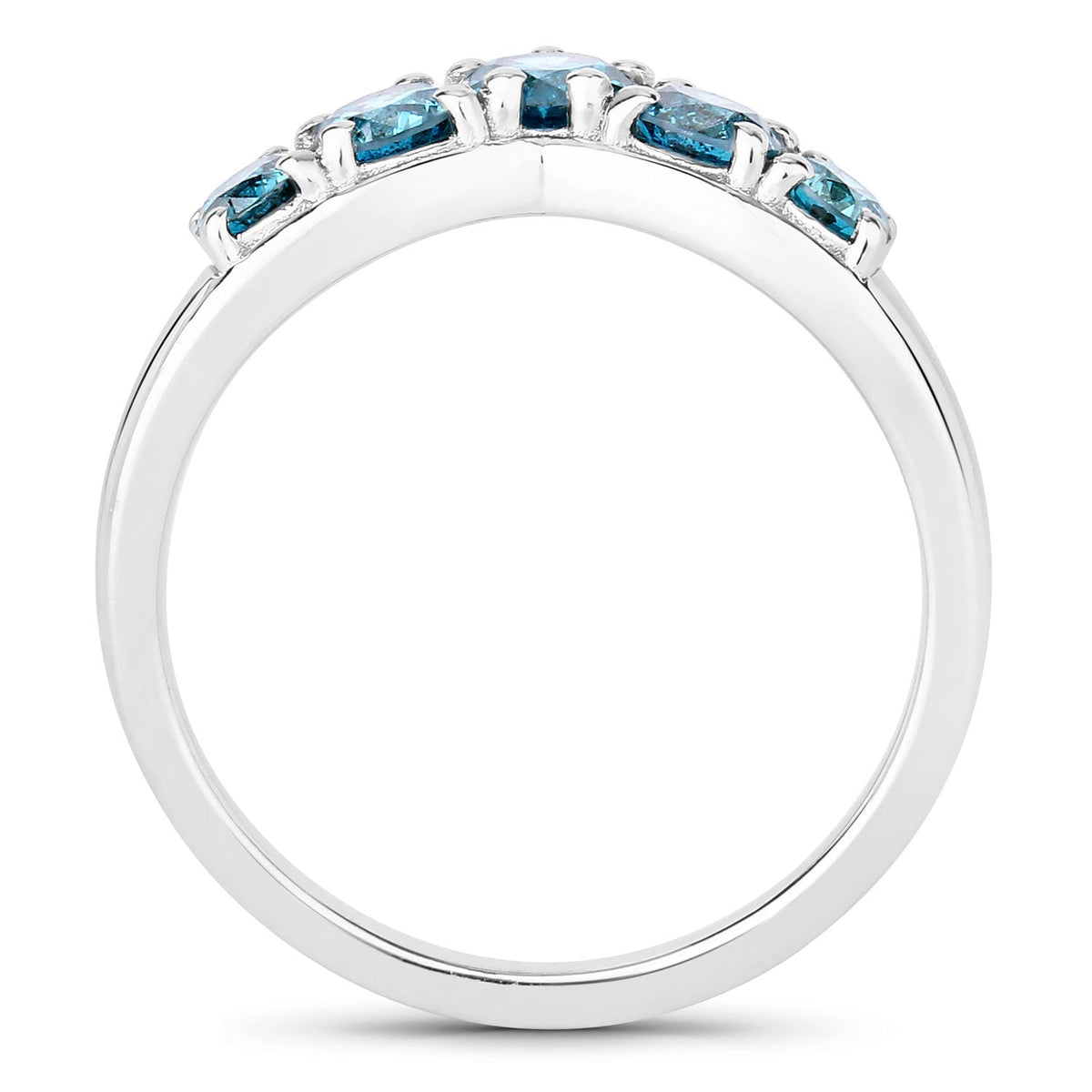 0.75 Cttw Round Teal Blue Diamond Rhodium Plated Silver Five Stone Chevron Band Ring