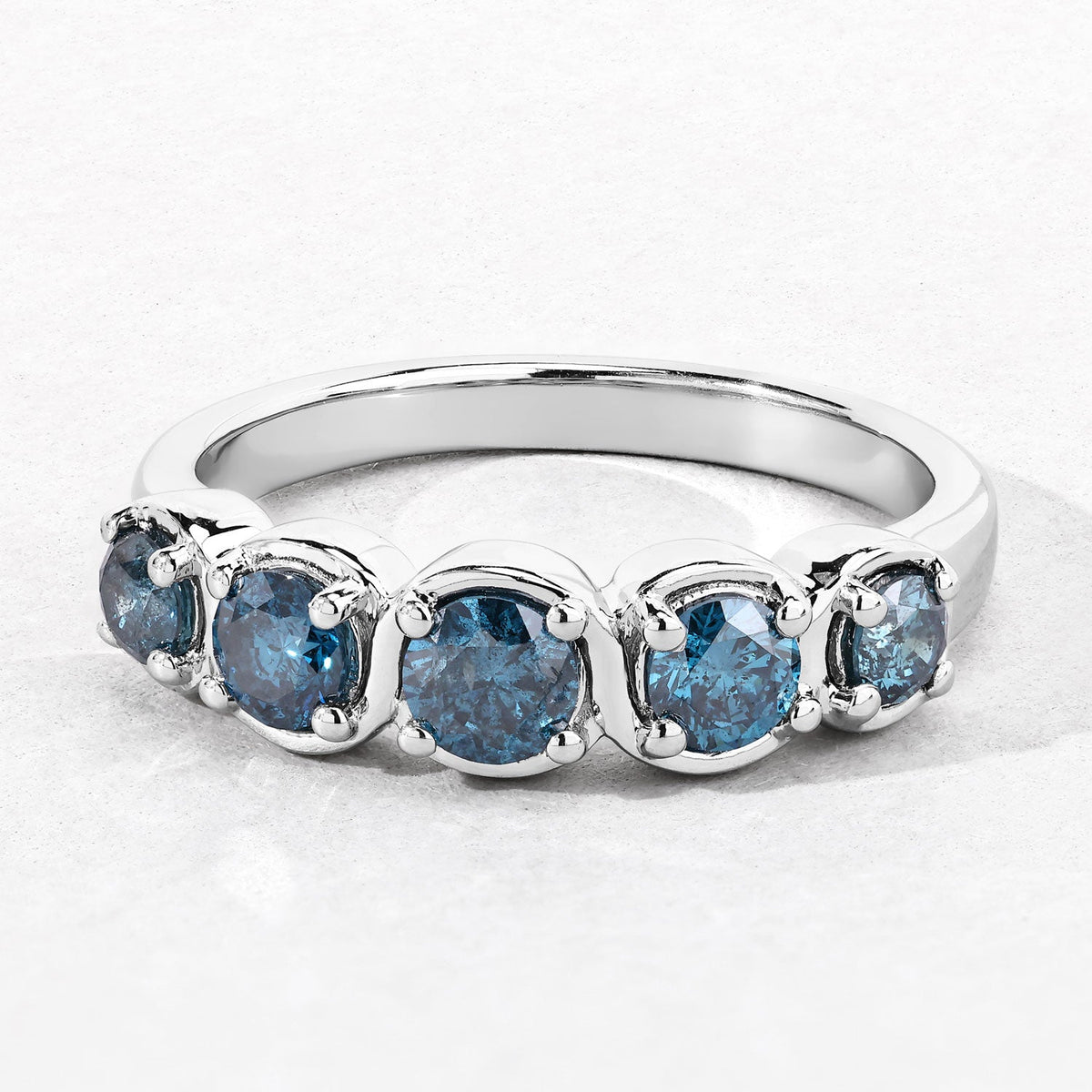 0.75 Cttw Round Teal Blue Diamond Rhodium Plated Silver S-Curve Five Stone Half Eternity Ring