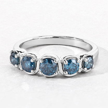 0.75 Cttw Round Teal Blue Diamond Rhodium Plated Silver S-Curve Five Stone Half Eternity Ring