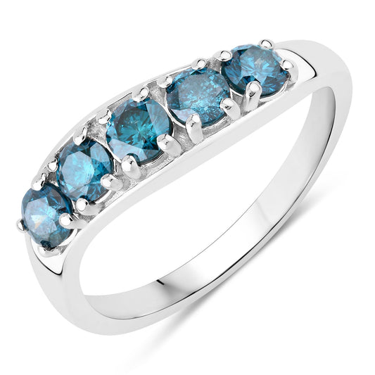 0.76 Cttw Round Teal Blue Diamond Rhodium Plated Silver Five Stone Ring