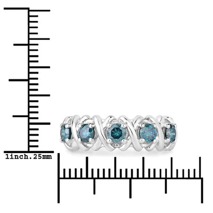 0.76 Cttw Round Teal Blue Diamond Rhodium Plated Silver Five Stone X Band Ring