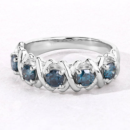 0.76 Cttw Round Teal Blue Diamond Rhodium Plated Silver Five Stone X Band Ring