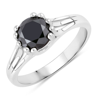1.58 Cttw Round Black Diamond Rhodium over Silver Fluted Shoulder Solitaire Ring