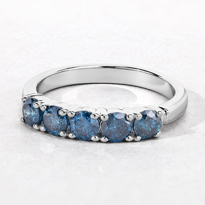 1.01 Cttw Round Teal Blue Diamond Rhodium Plated Silver Five Stone Band Ring