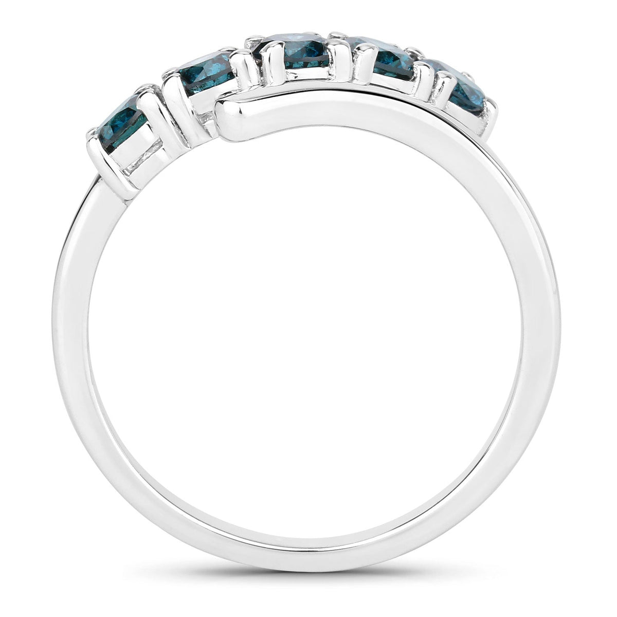 1.01 Cttw Round Teal Blue Diamond Rhodium Plated Silver Five Stone Bypass Ring