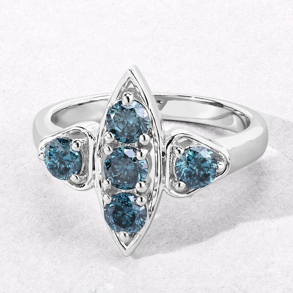1.01 Cttw Round Teal Blue Diamond Rhodium Plated Silver Marquise Cluster Ring