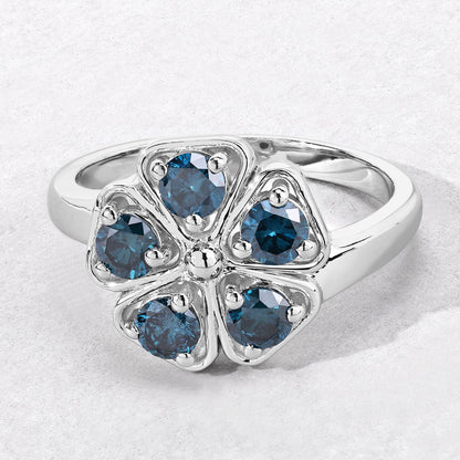 1.01 Cttw Round Teal Blue Diamond Rhodium Plated Silver Floral Cluster Ring