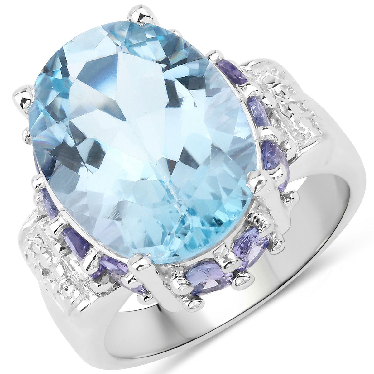 13.29 Cttw Oval Blue Topaz Rhodium over Silver Halo Cocktail Ring