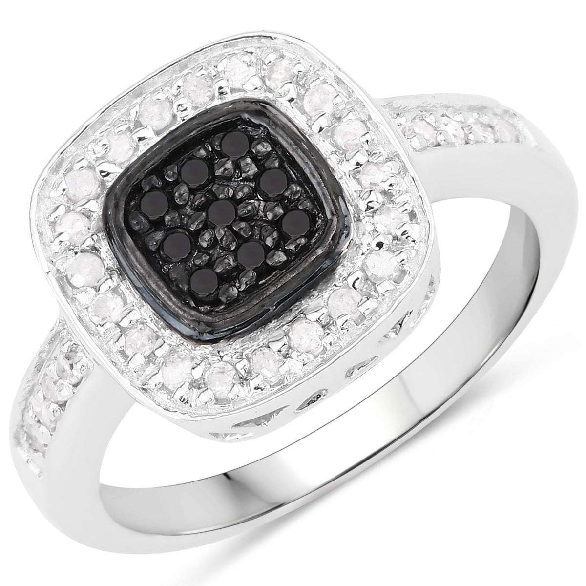 0.43 Cttw Round Black and White Diamond Pavé Rhodium over Silver Cushion Halo Ring