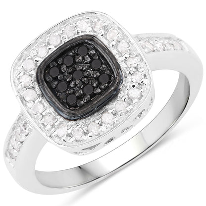 0.43 Cttw Round Black and White Diamond Pavé Rhodium over Silver Cushion Halo Ring