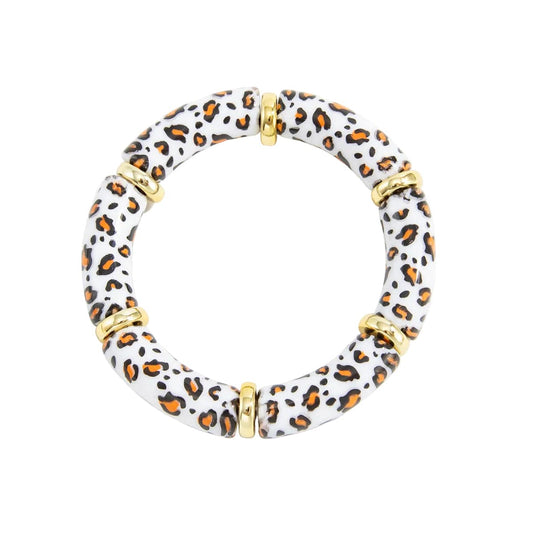 White Resin & Goldtone Sequin Cow Print Joint Stretch Bracelet