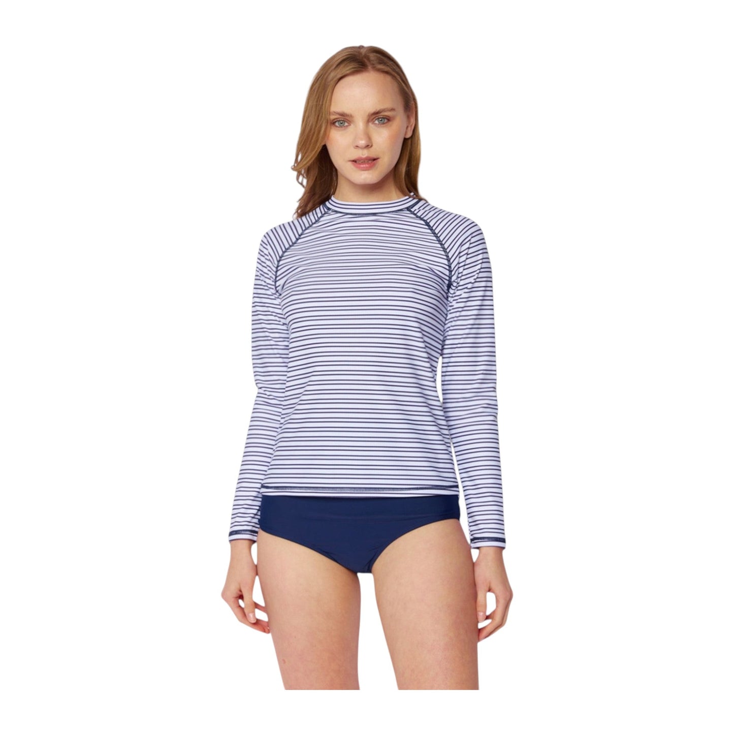 Marina West R5704 Navy/Wht Stripe Rash Guard Swimsuit Set