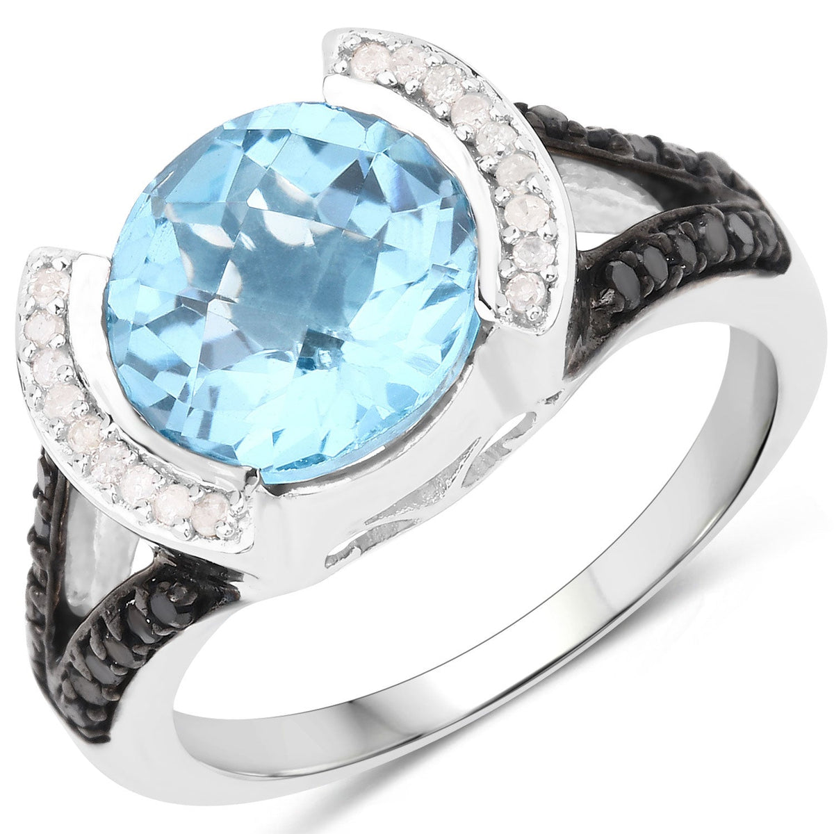 4.99 Cttw Round Swiss Blue Topaz, Black Diamond and White Diamond 925 Sterling Silver Ring