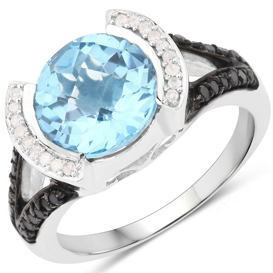 4.99 Cttw Round Swiss Blue Topaz, Black Diamond and White Diamond 925 Sterling Silver Ring