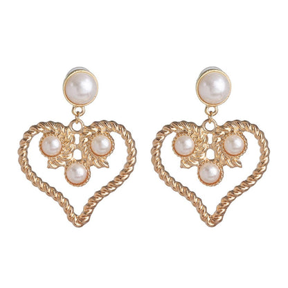 Pearl & Goldtone Openwork Heart Drop Earrings