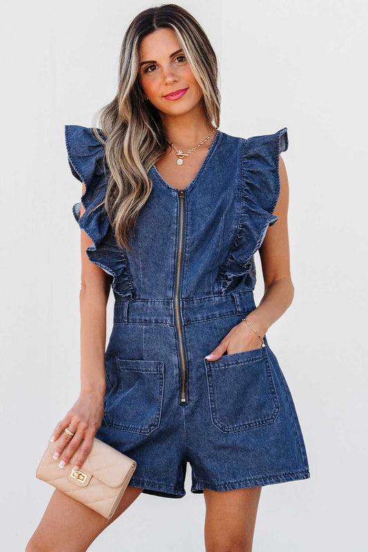 Threaded Pear Amora Denim Ruffled Zipped Front Belted Romper