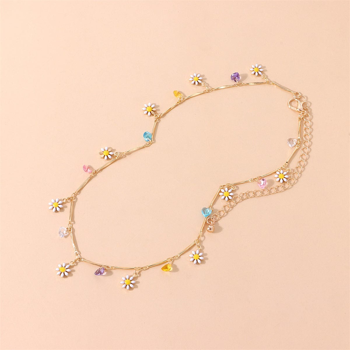 Multicolor Crystal & Goldtone Flower Heart Station Collar Necklace