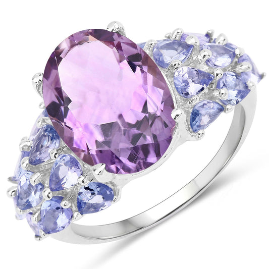 7.42 Cttw Oval Purple Amethyst and Tanzanite Rhodium over Silver Cocktail Ring