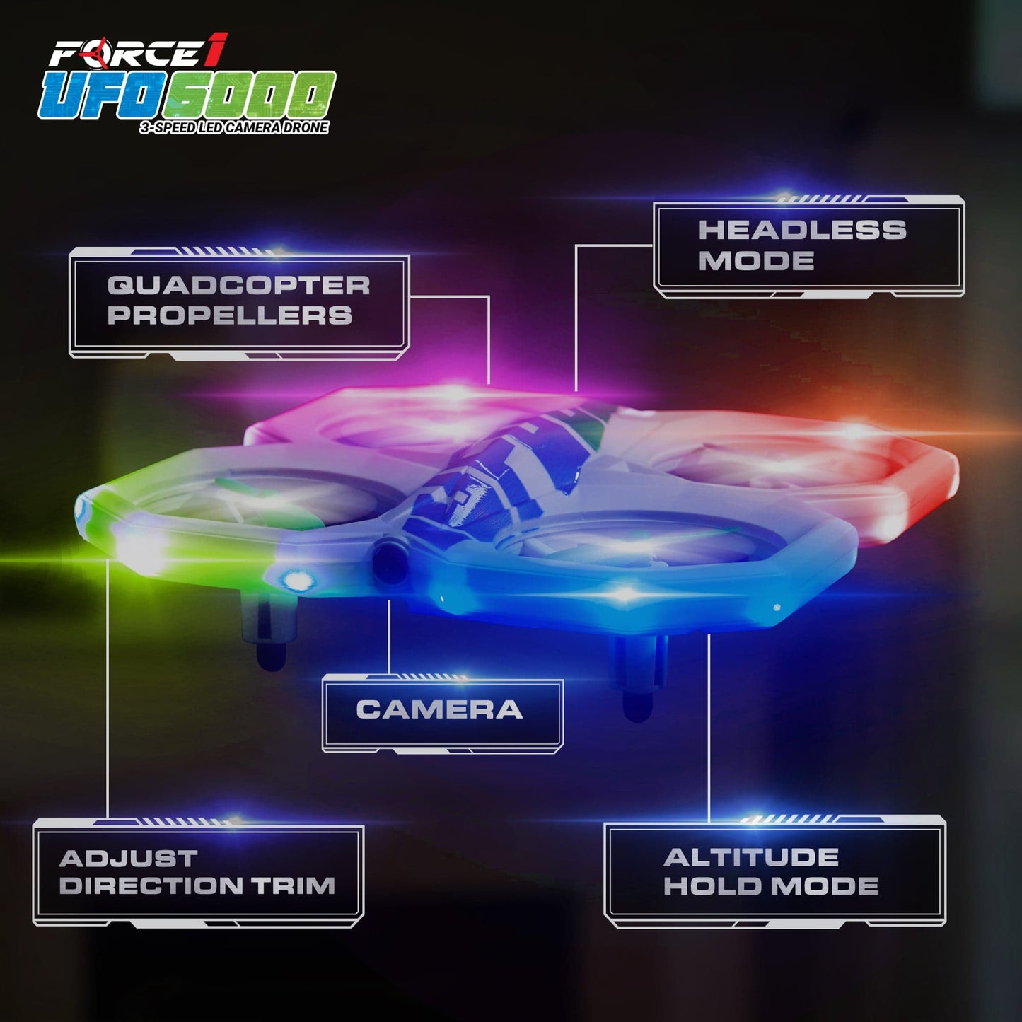 White drone, blue remote control, green and blue propellers-