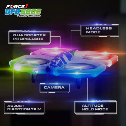 White drone, blue remote control, green and blue propellers-