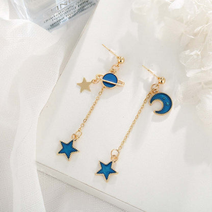 Blue Enamel & Goldtone Star Planet Drop Earrings