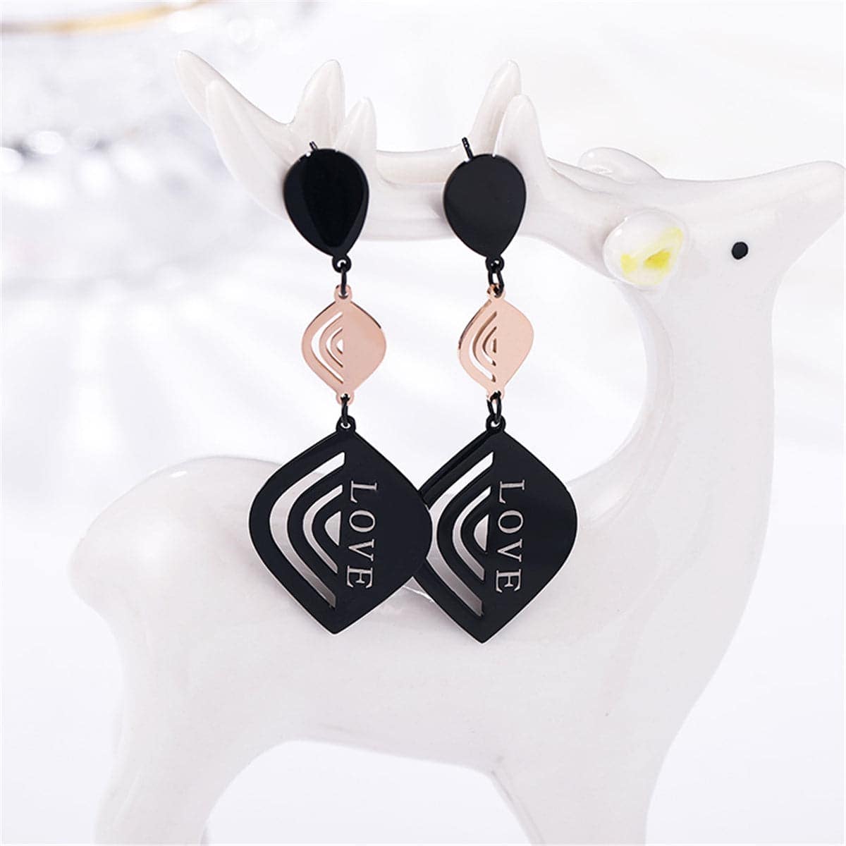 Rose Goldtone & Black 'Love' Laurel Drop Earrings