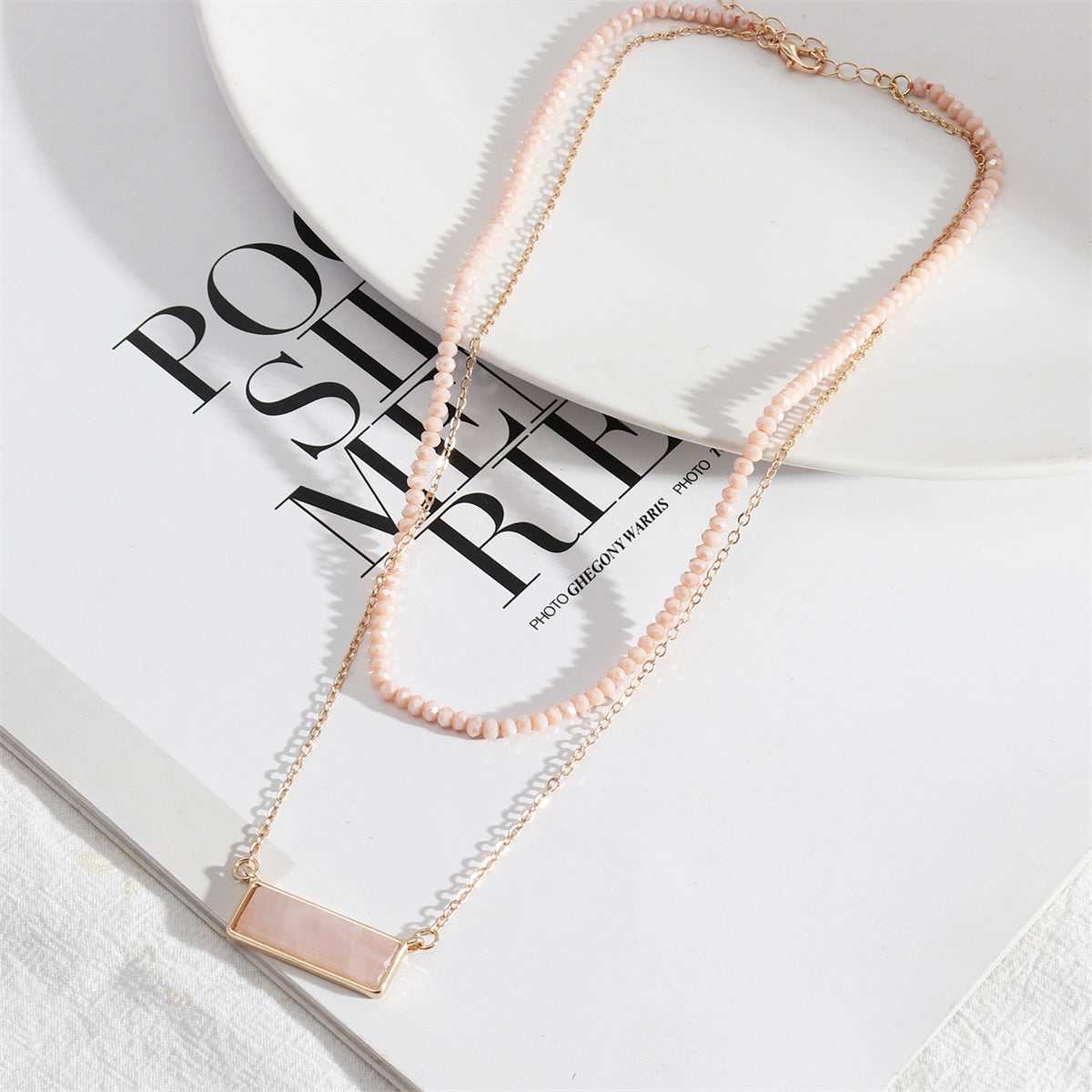 Pink Crystal & Goldtone Bead Chain Layered Necklace