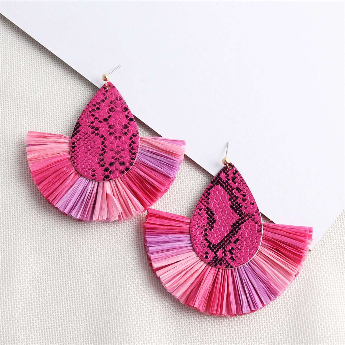 Rose Polyurethane & Raffia Goldtone Snake-Embossed Fan Drop Earring