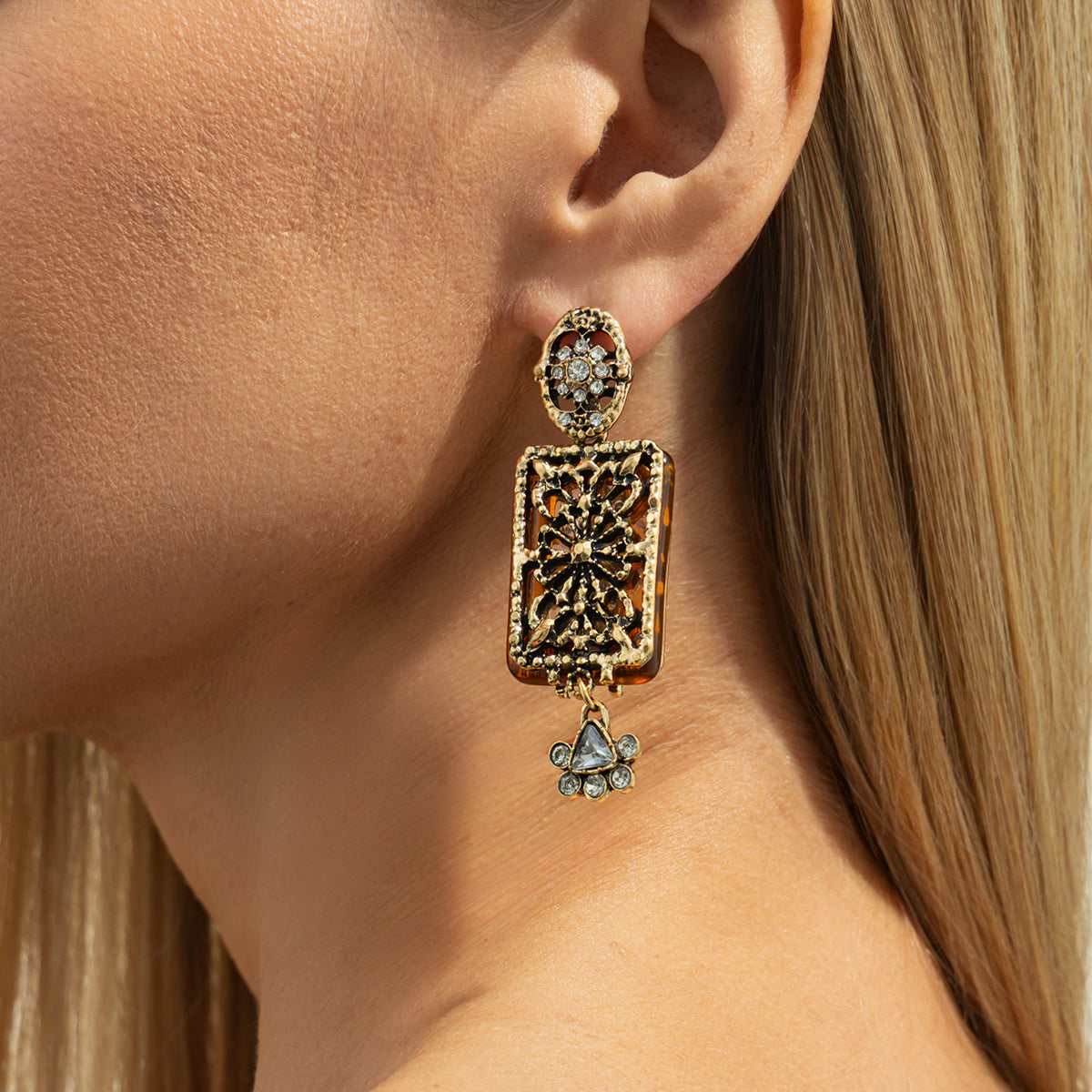 Cubic Zirconia & Goldtone Flower Rectangle Dangle Earrings