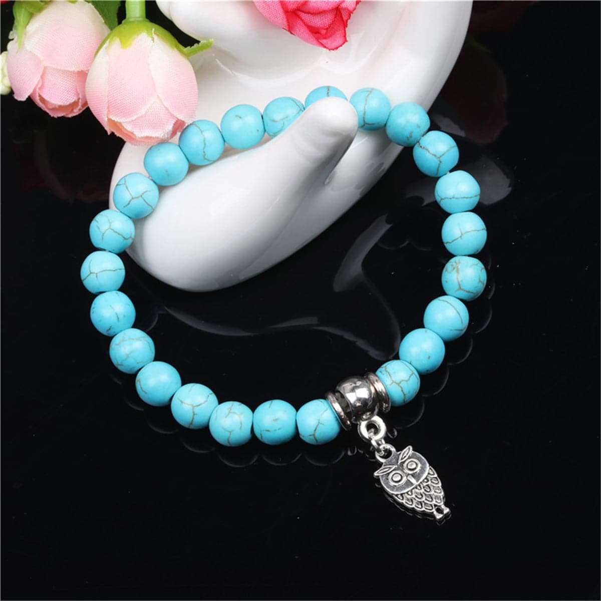Blue Turquoise & Silvertone Owl Charm Stretch Bracelet