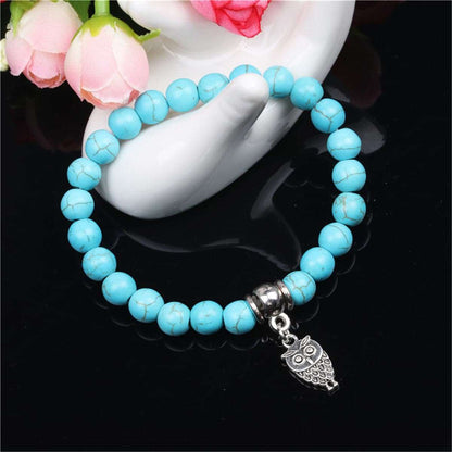 Blue Turquoise & Silvertone Owl Charm Stretch Bracelet
