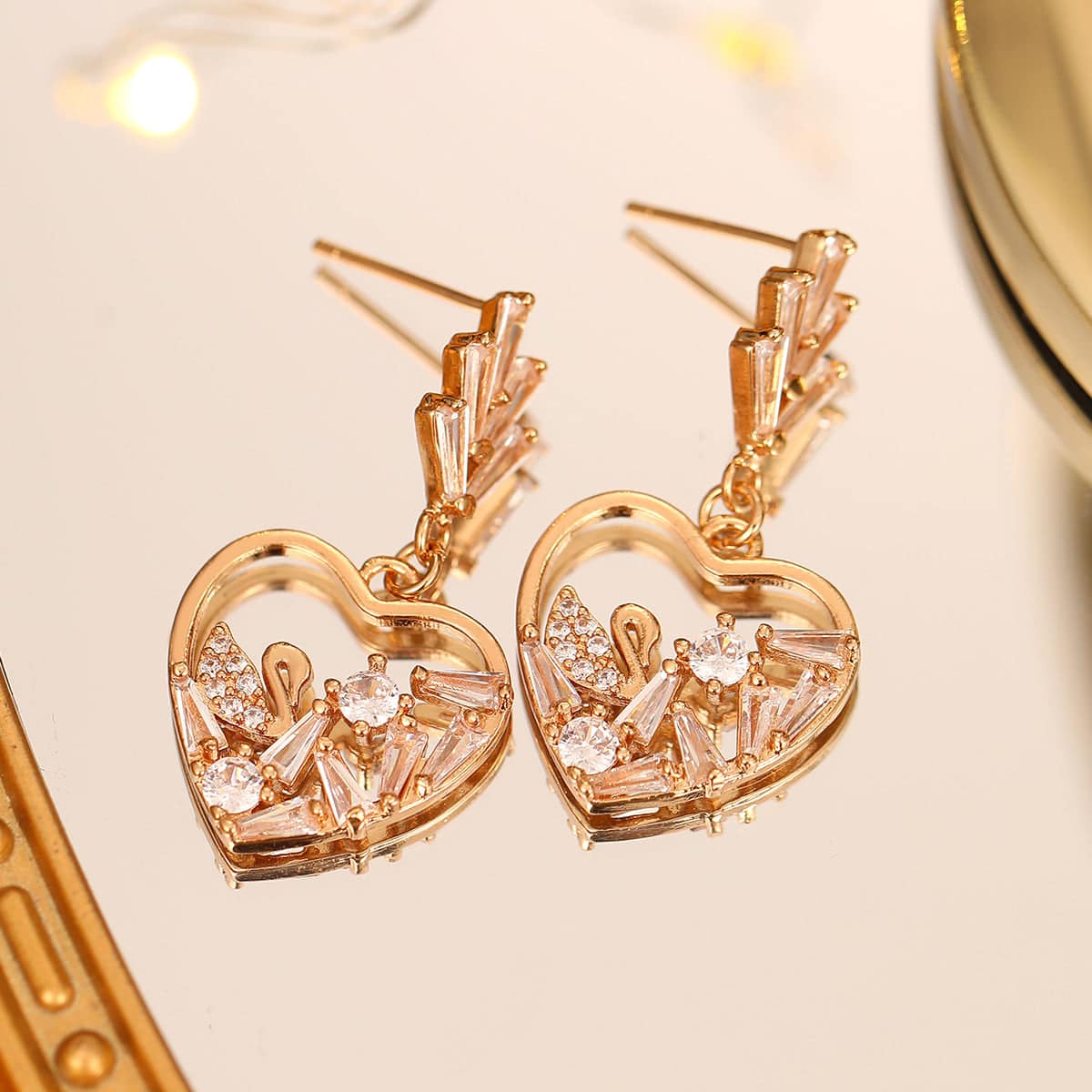 Cubic Zirconia & Goldtone Swan Heart Dangle Earrings