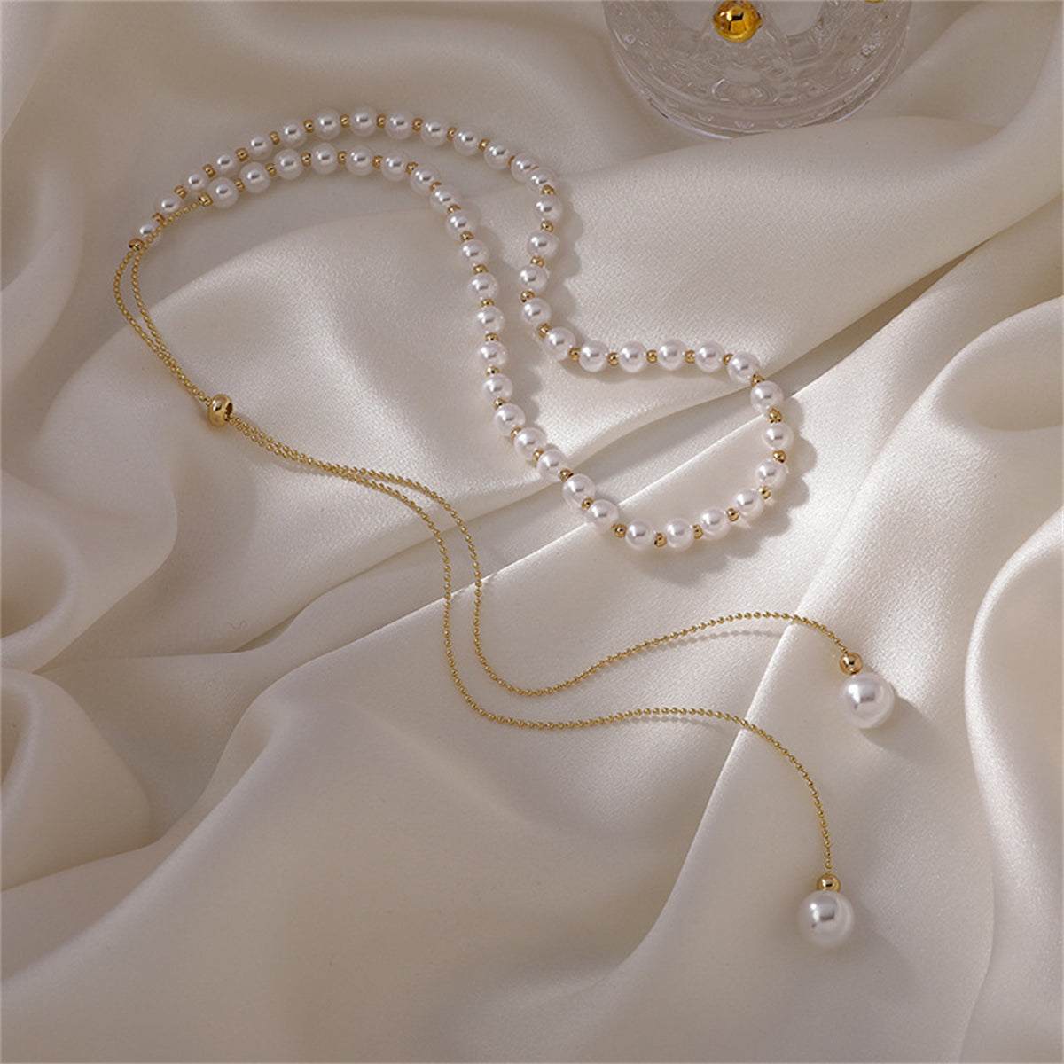 Pearl & Goldtone Adjustable Ball Chain Lariat Necklace