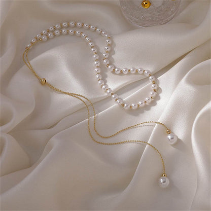 Pearl & Goldtone Adjustable Ball Chain Lariat Necklace