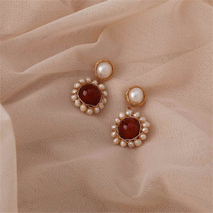 Red Agate & Pearl Goldtone Entangled Drop Earrings