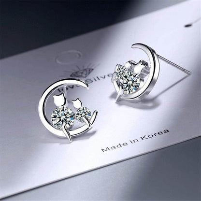 Cubic Zirconia & Silvertone Cat & Moon Stud Earrings