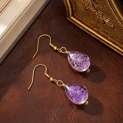 Purple Pressed Flower & Goldtone Drop Hook Earrings