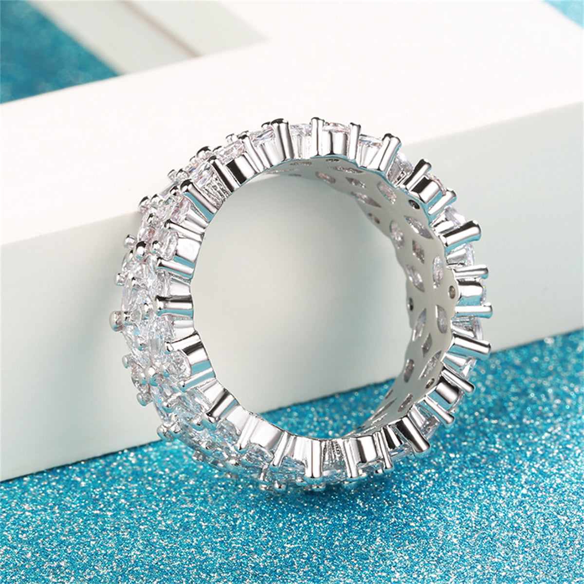 Crystal & Cubic Zirconia Silvertone Flower Band Ring-3