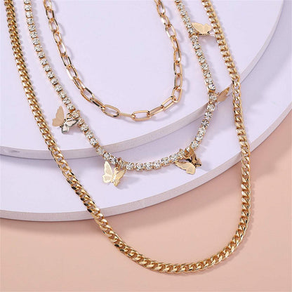 Cubic Zirconia & Goldtone Butterfly Layered Chain Necklace