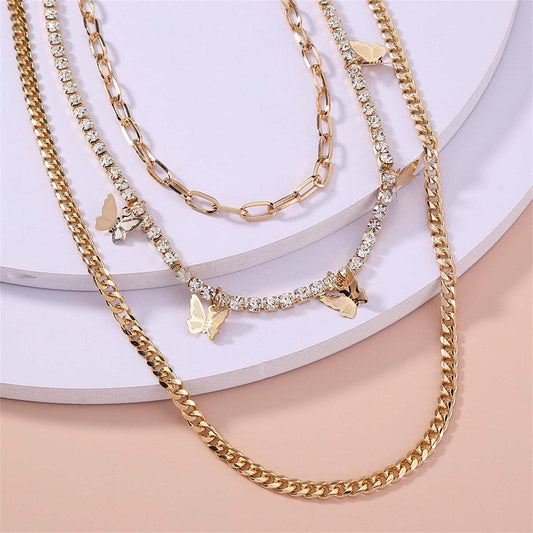 Cubic Zirconia & Goldtone Butterfly Layered Chain Necklace