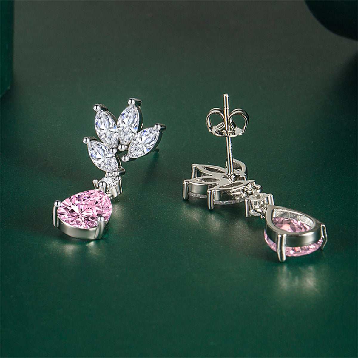 Cubic Zirconia & Pink Crystal Botanical Drop Earrings