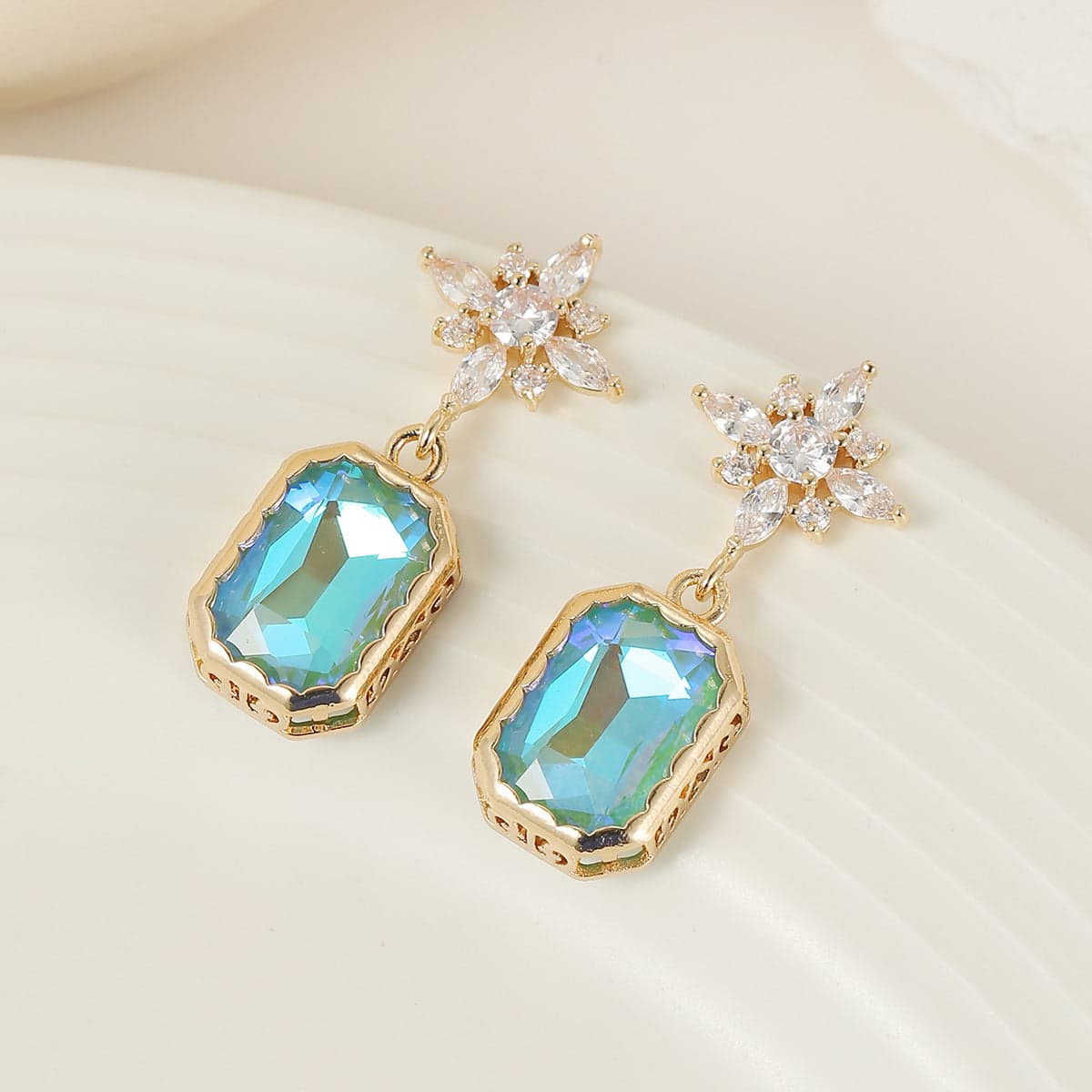 Green Crystal & Cubic Zirconia Goldtone Star Rectangle Dangle Earrings