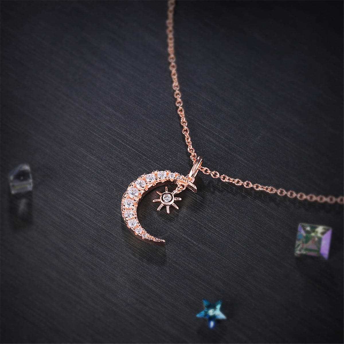 Cubic Zirconia & Rose Goldtone Moon & Sun Pendant Necklace
