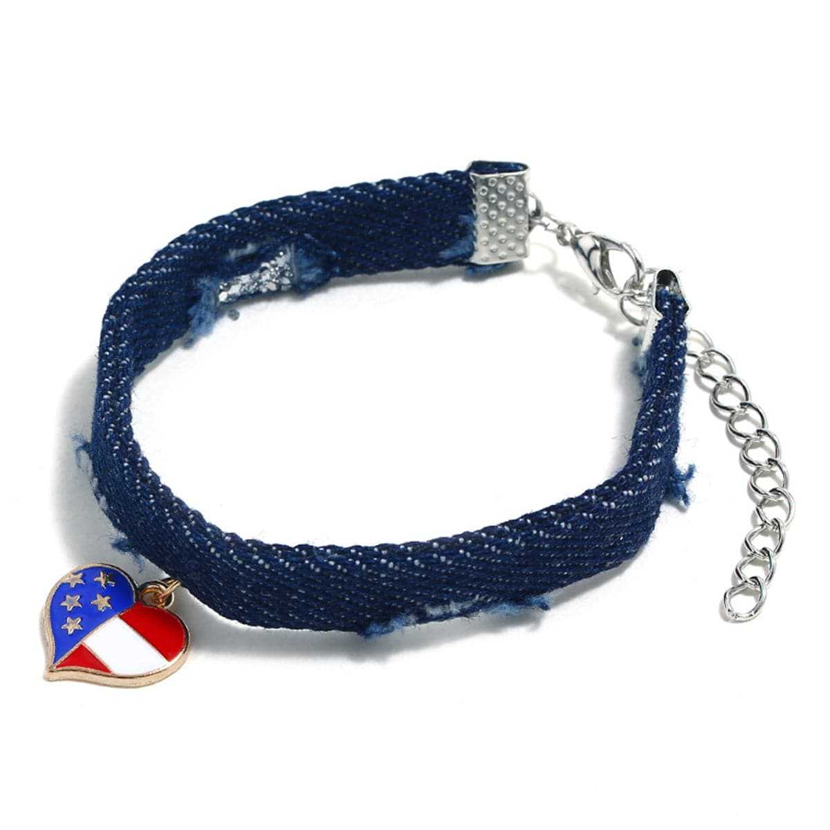 Blue & Silvertone American Flag Heart Bracelet