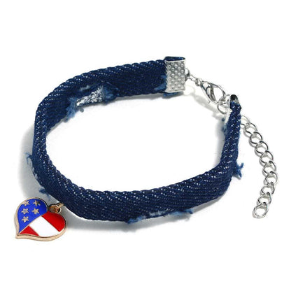 Blue & Silvertone American Flag Heart Bracelet