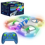 White drone, blue remote control, green and blue propellers